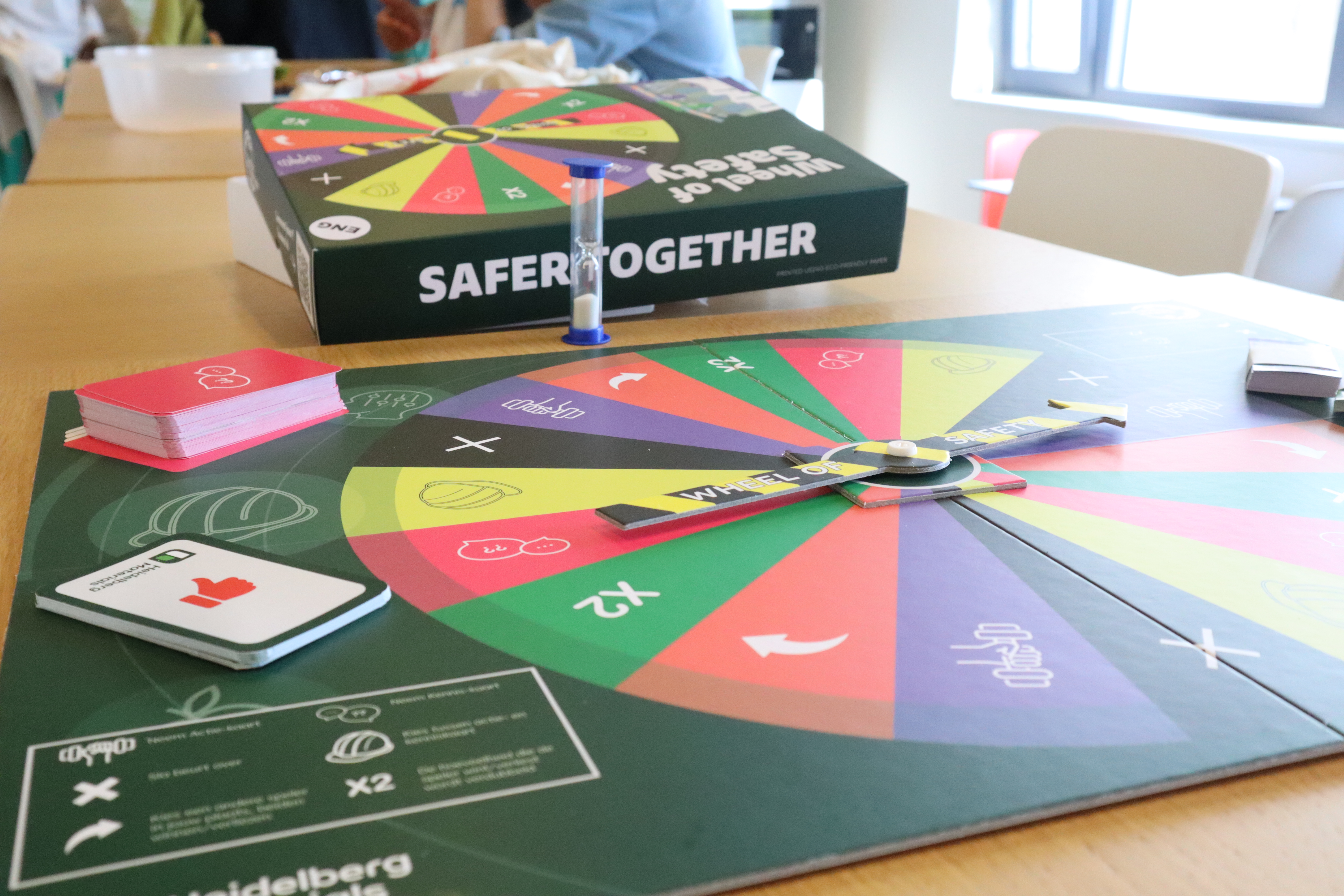 Het bordspel "Wheel of Safety" dat tot doel heeft medewerkers op een leuke manier bewust te maken van de belangrijke aspecten van veiligheid